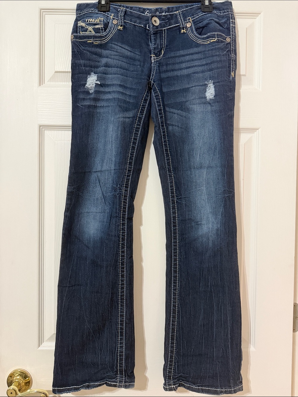 Amethyst Jeans Dark Blue Distressed Flare Jeans
